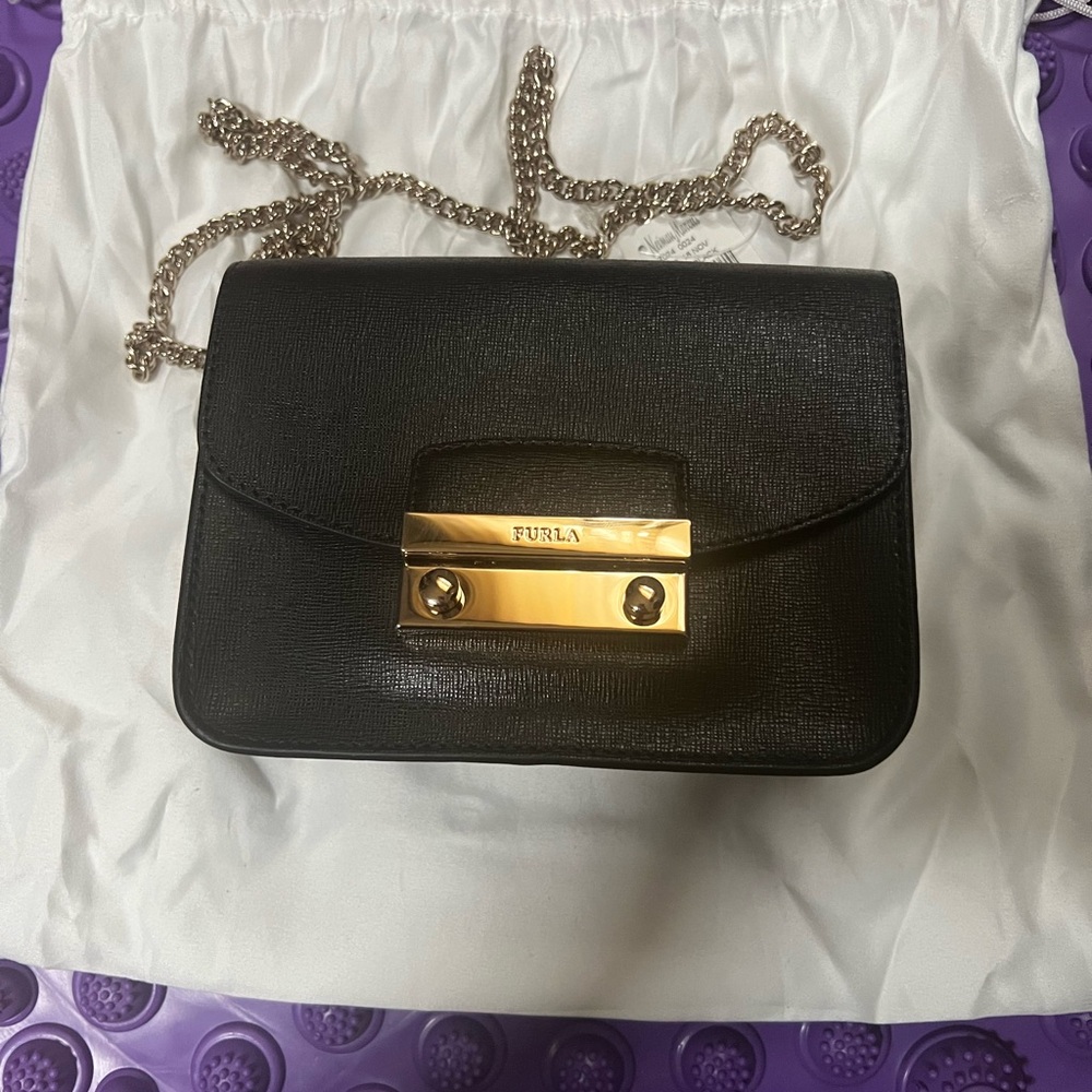 Furla Black Crossbody Bag with Gold Chain